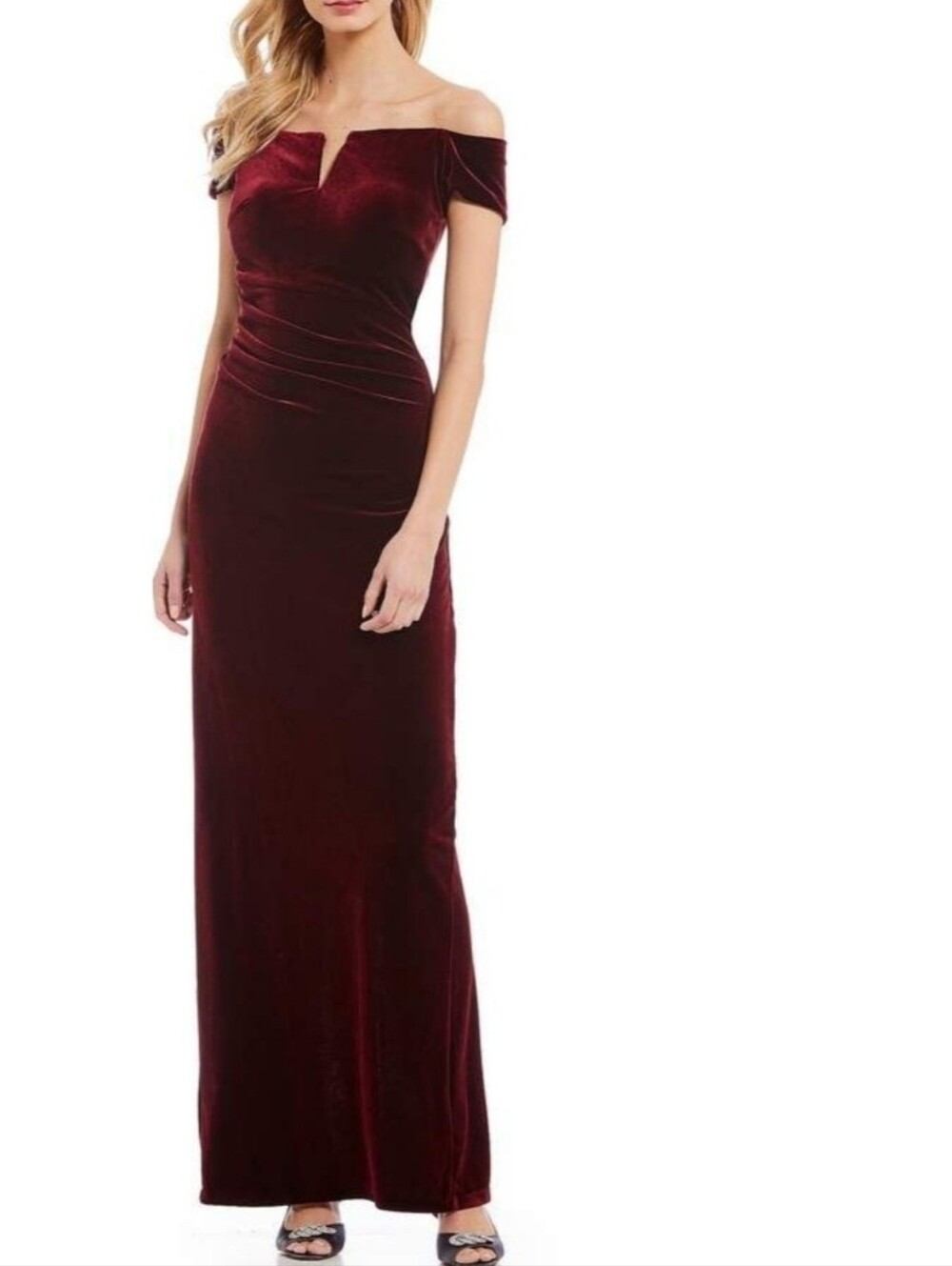 Xscape burgundy off the shoulder velour ruched back evening gown